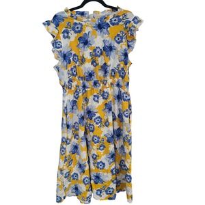 Bloomchic Yellow Blue Floral Smocked Midi Dress Ruffle Sleeve Plus Size 14-16